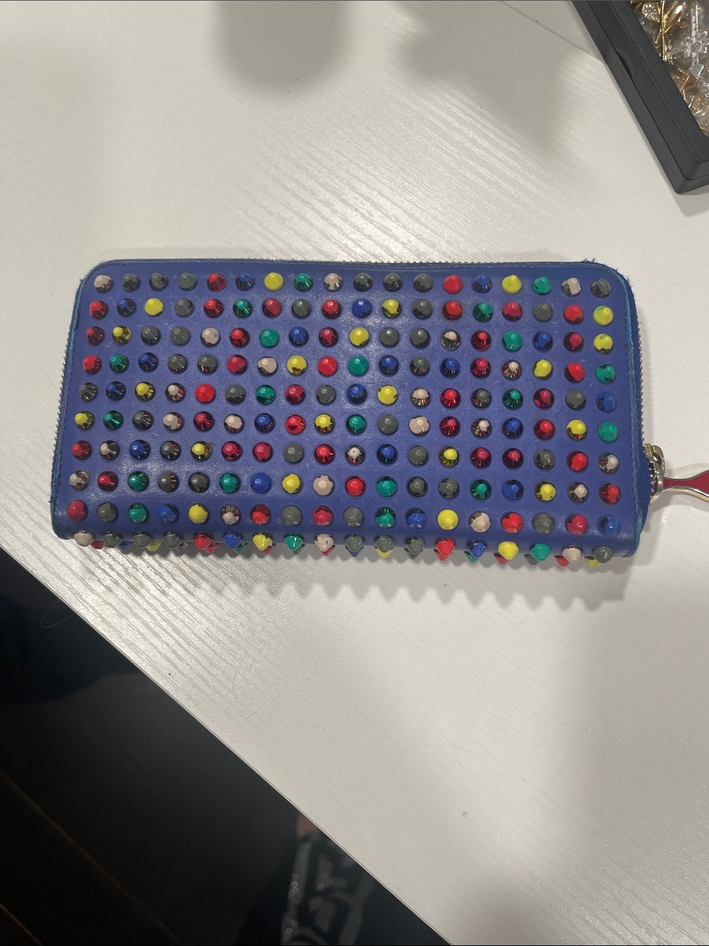 Christian Louboutin Blue Zip Wallet with Multicolor Studs